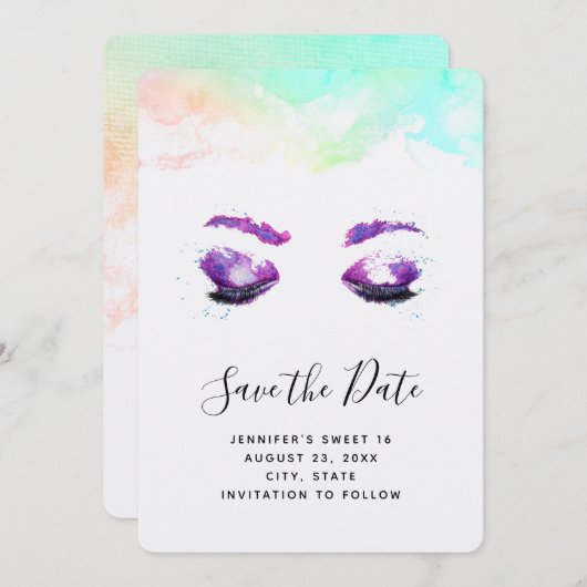 Glamoureuze Paarse ogen en Waterverf van Brows Save The Date (Voorkant / Achterkant)
