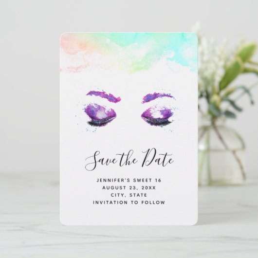 Glamoureuze Paarse ogen en Waterverf van Brows Save The Date (Staand voorkant)