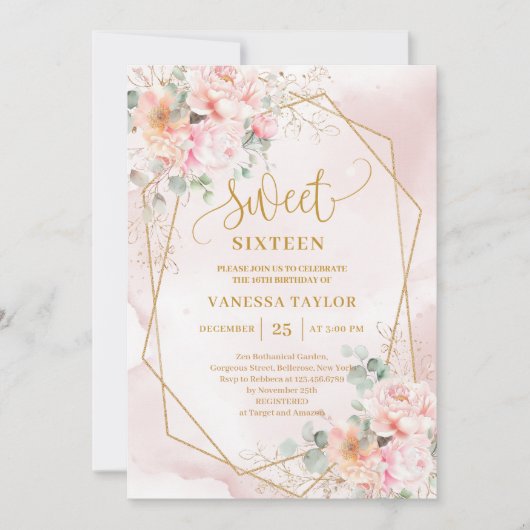Glamoureuze Pastel Roze Goud Bloemen Sweet 16 Uitn Kaart (Voorkant)