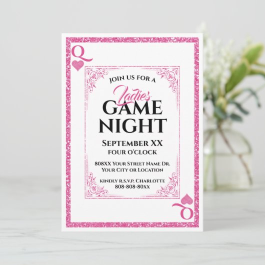 Glamoureuze Queen of Hearts Dames Game Night Kaart (Staand voorkant)