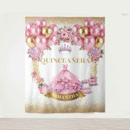 Glamoureuze Quinceañera Muurdecoratie Roze Goud Th Wandkleed (Voorkant)
