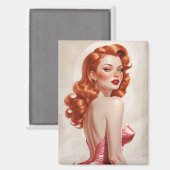 Glamoureuze Redhead Pin-Up Roze Jurk Magneet (Voorkant / Achterkant)