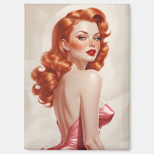 Glamoureuze Redhead Pin-Up Roze Jurk Magneet (Voorkant)