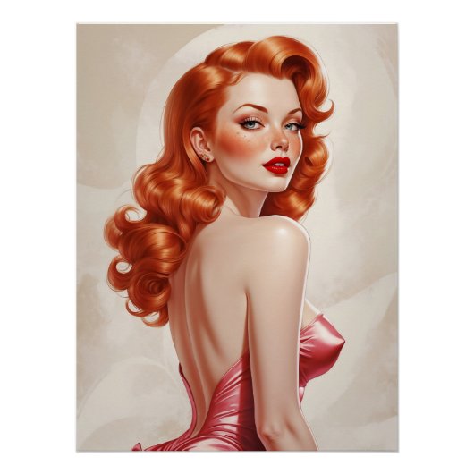 Glamoureuze Redhead Pin-Up Roze Jurk Perfect Poster (Voorkant)