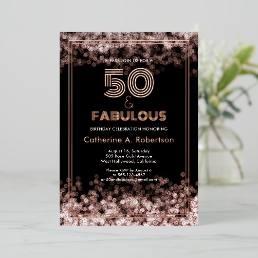 Glamoureuze Retro 50 & Fabulous Verjaardag Roos Go Folie Uitnodiging (Staand Voorkant)