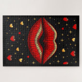 Glamoureuze Rode Lippen Gouden Hartjes Puzzel (Horizontaal)