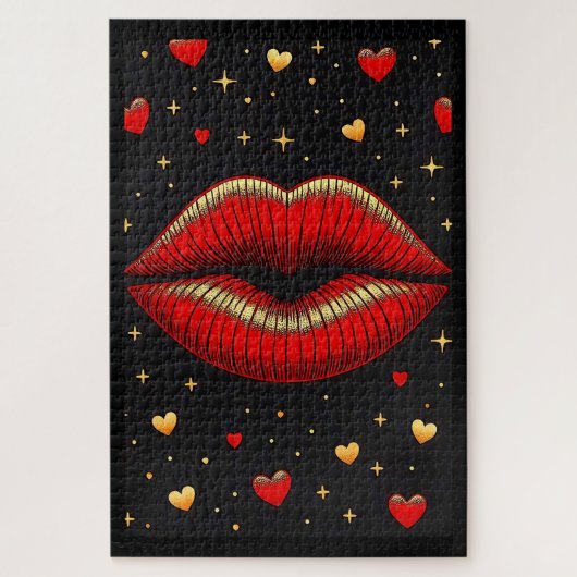 Glamoureuze Rode Lippen Gouden Hartjes Puzzel (Verticaal)