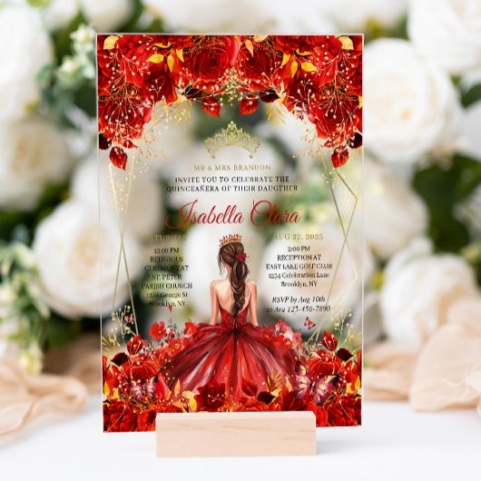 Glamoureuze Rood & Goud Bloemen Quinceanera Acryl Uitnodigingen