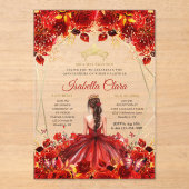 Glamoureuze Rood & Goud Bloemen Quinceanera Acryl Uitnodigingen (Voorkant)