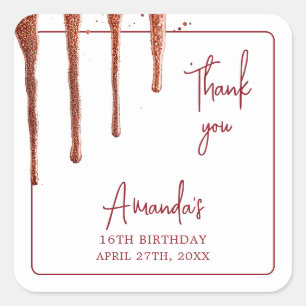 Glamoureuze Roos Gouden Glitter Drip Sweet 16 Birt Vierkante Sticker