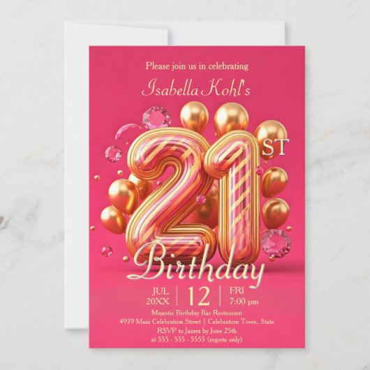 Glamoureuze roze en gouden 21e verjaardag kaart (Voorkant)