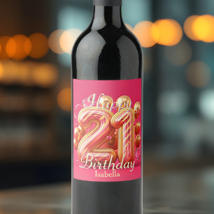 Glamoureuze roze en gouden gestreepte 21e verjaard wijn etiket