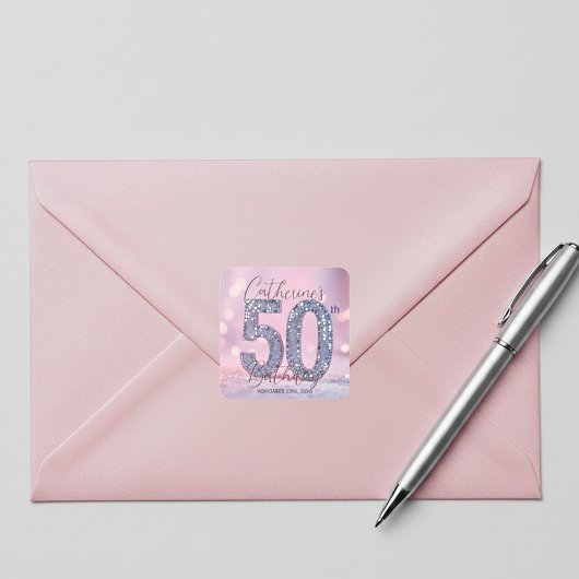 Glamoureuze Roze en Zilveren Pailletten 50e Verjaa Vierkante Sticker