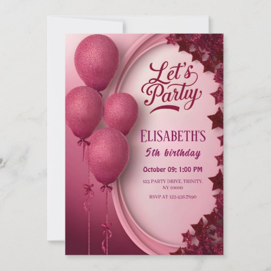 Glamoureuze Roze Glitter Ballonnen & Stars Verjaar Kaart (Voorkant)