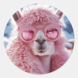 Glamoureuze Roze Llama - Winter Mode Icon Ronde Sticker