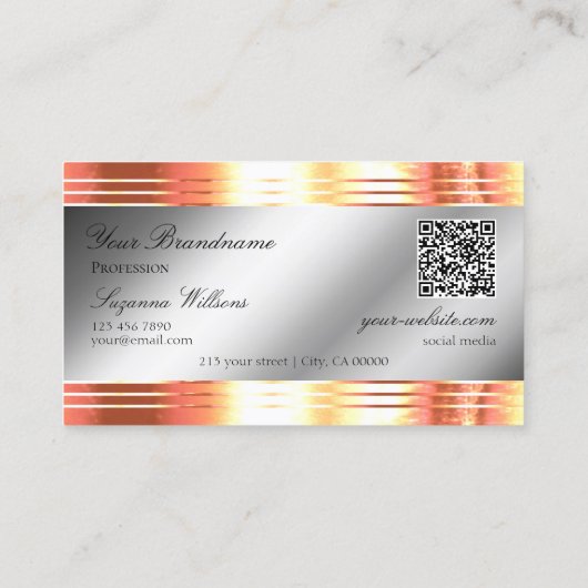 Glamoureuze Silver Shimmery Roos Gold Logo QR Code Visitekaartje (Achterkant)