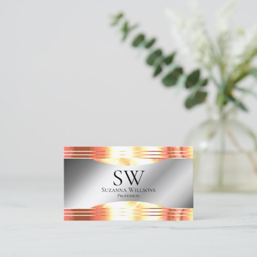 Glamoureuze Silver Shimmery Roos Gold Monogram Fot Visitekaartje (Staand voorkant)