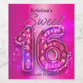 Glamoureuze Sparkling Hot Pink Edelsteen Sweet 16 Wijn Etiket (Enkel label)
