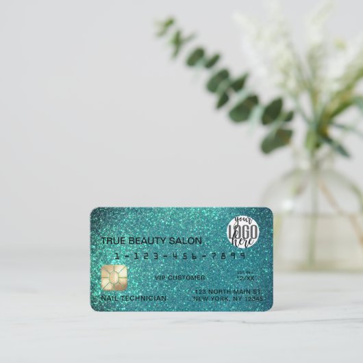 Glamoureuze Sparkly Blauwgroen Glitter Credit Kaar Visitekaartje (Staand voorkant)
