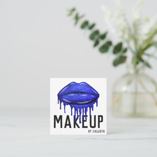 Glamoureuze Sparkly Blue Glitter Drips Lips Make-u Vierkante Visitekaartje (Staand voorkant)