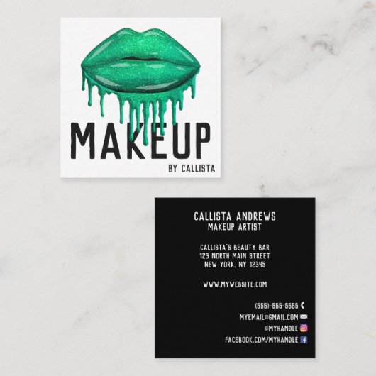 Glamoureuze Sparkly Green Glitter Drips Lips Make- Vierkante Visitekaartje (Voorkant / Achterkant)