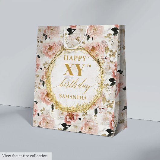 Glamoureuze stoffige roze rustieke gouden verjaard medium cadeauzakje