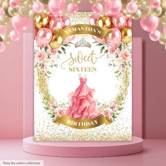 Glamoureuze Sweet Sixteen Banner Blush Gouden Ball Wandkleed