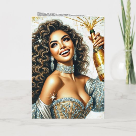 Glamoureuze Vrouw Popping Champagne Verjaardag Folie Wenskaart (Achterkant)