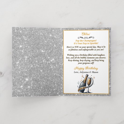 Glamoureuze Vrouw Popping Champagne Verjaardag Folie Wenskaart (Binnenlaag)