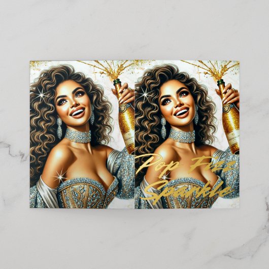 Glamoureuze Vrouw Popping Champagne Verjaardag Folie Wenskaart (Buiten Laag)