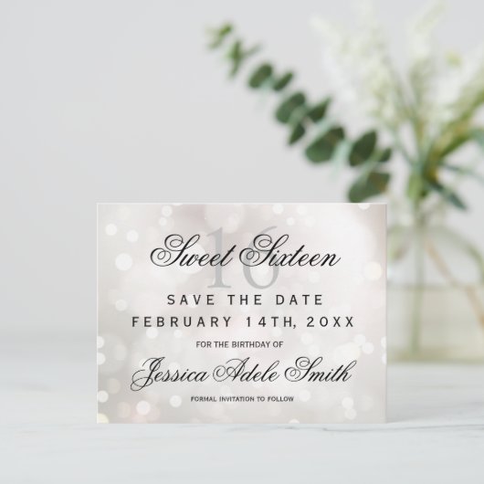 Glamoureuze White Glitter Sweet 16 save the date Briefkaart (Staand voorkant)