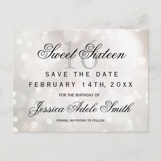 Glamoureuze White Glitter Sweet 16 save the date Briefkaart (Voorkant)