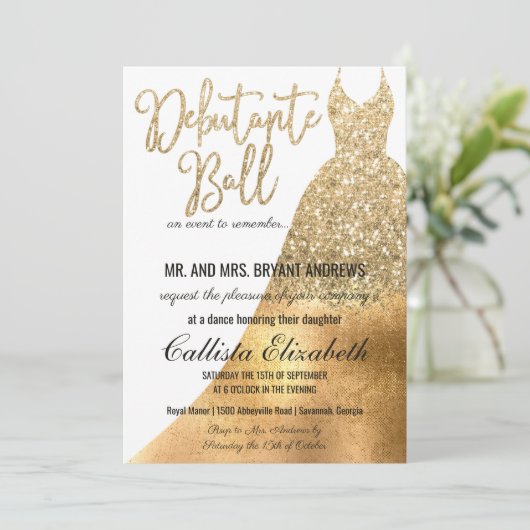 Glamoureuze White Gold Glitter Dress Debutante Dan Kaart (Staand voorkant)