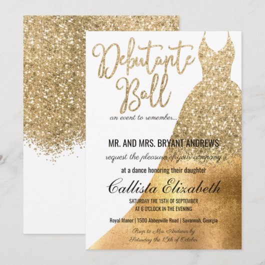 Glamoureuze White Gold Glitter Dress Debutante Dan Kaart (Voorkant / Achterkant)