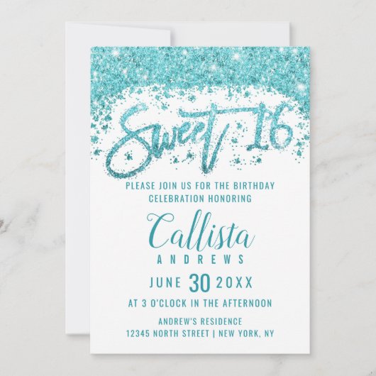 Glamoureuze witte Aqua Blue Glitter Dust Sweet 16 Kaart (Voorkant)