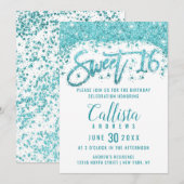 Glamoureuze witte Aqua Blue Glitter Dust Sweet 16 Kaart (Voorkant / Achterkant)