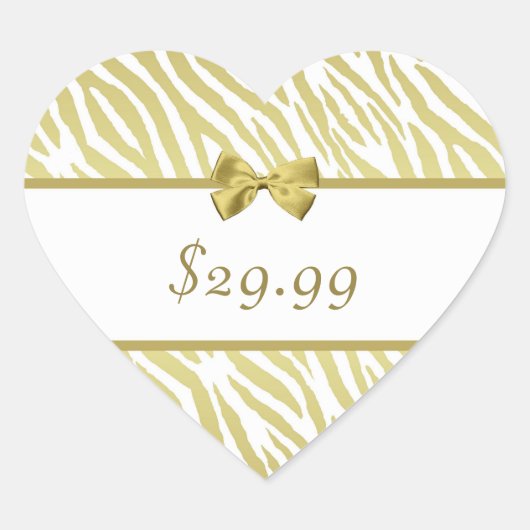 Glamoureuze Witte en Gouden Zebra Print Prijs Labe Hart Sticker (Voorkant)