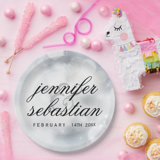 Glamoureuze zilveren bokeh licht monogram bruiloft papieren bordje (Feest)