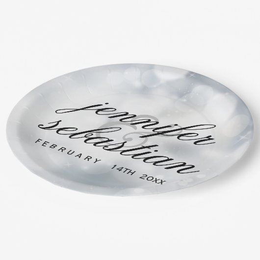 Glamoureuze zilveren bokeh licht monogram bruiloft papieren bordje (Gekanteld)