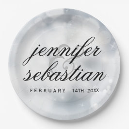 Glamoureuze zilveren bokeh licht monogram bruiloft papieren bordje