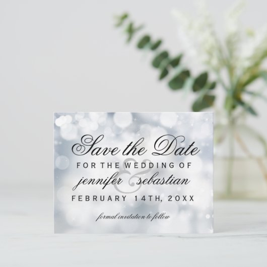 Glamoureuze zilveren bokeh lichte bruiloft briefkaart (Staand voorkant)