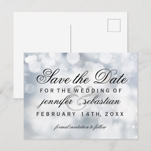 Glamoureuze zilveren bokeh lichte bruiloft briefkaart (Voorkant / Achterkant)
