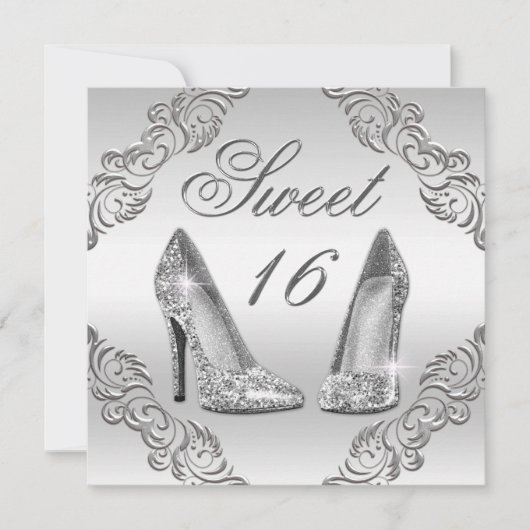 Glamoureuze Zilveren Glitter Hoge Hakken Sweet 16 Kaart (Voorkant)