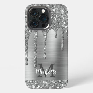 Glamoureuze zilveren glitterdruppels monogram meta iPhone 13 pro hoesje