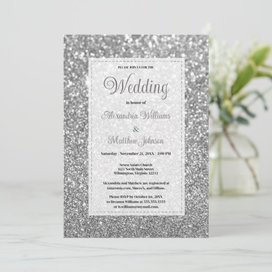 Glamoureuze zilveren sprankelende glitter bruiloft kaart (Staand voorkant)