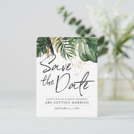 Glamoureuze zomer groen bruiloft | De datum opslaa Aankondigingskaart (Staand voorkant)