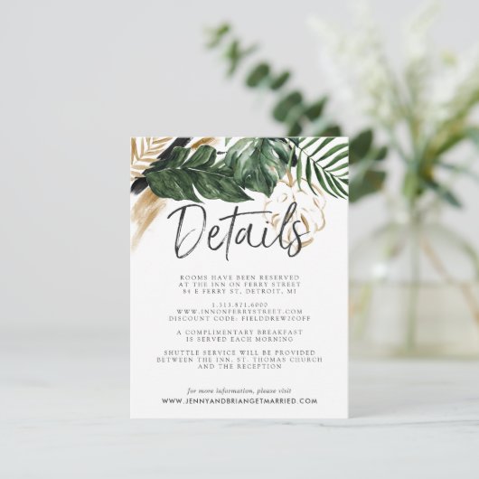 Glamoureuze zomer groen bruiloft gast details informatiekaartje (Staand voorkant)