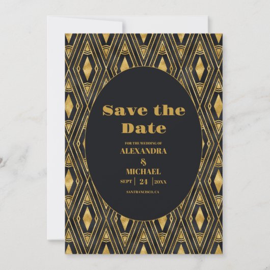 Glamoureuze zwart en goud Art Deco bruiloft Save The Date (Voorkant)