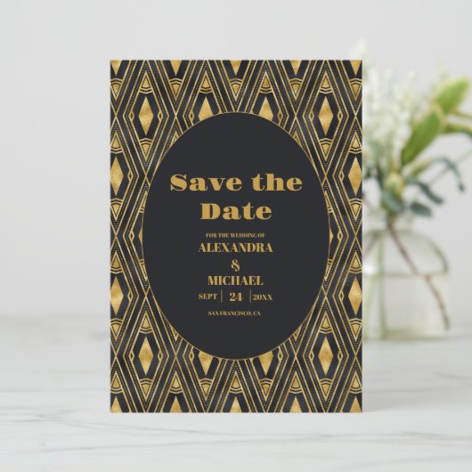 Glamoureuze zwart en goud Art Deco bruiloft Save The Date (Staand voorkant)