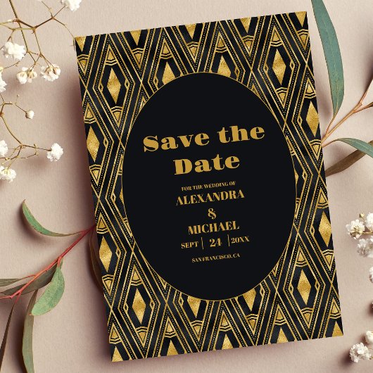 Glamoureuze zwart en goud Art Deco bruiloft Save The Date